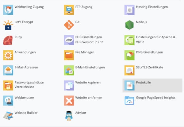 Symbole für Webspace-Einstellungen und -Aktionen einer verwalteten Domain in der Benutzeroberfläche Plesk