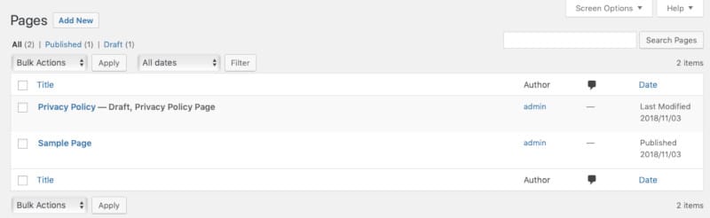 Die Liste aller vorhandenen Seiten einer frischen WordPress-Installation im WordPress-Dashboard